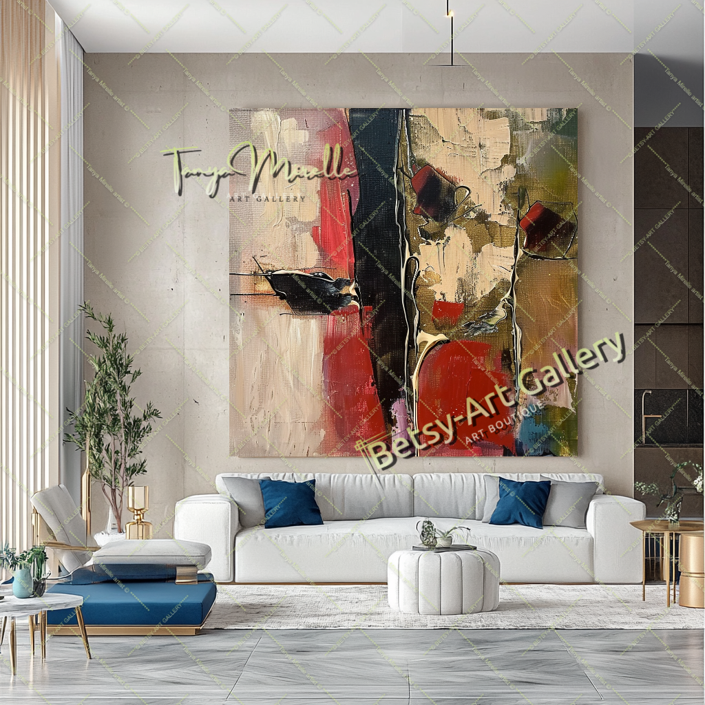 Bold Red Abstract Painting – Large Modern Wall Art #151 – Large – Oil on Canvas – {{ product.title }} canvas artwork by Tanya Mirelle – modern wall decor – original artwork for home, living room, office, or gallery – original artwork by BETSY-ART GALLERY