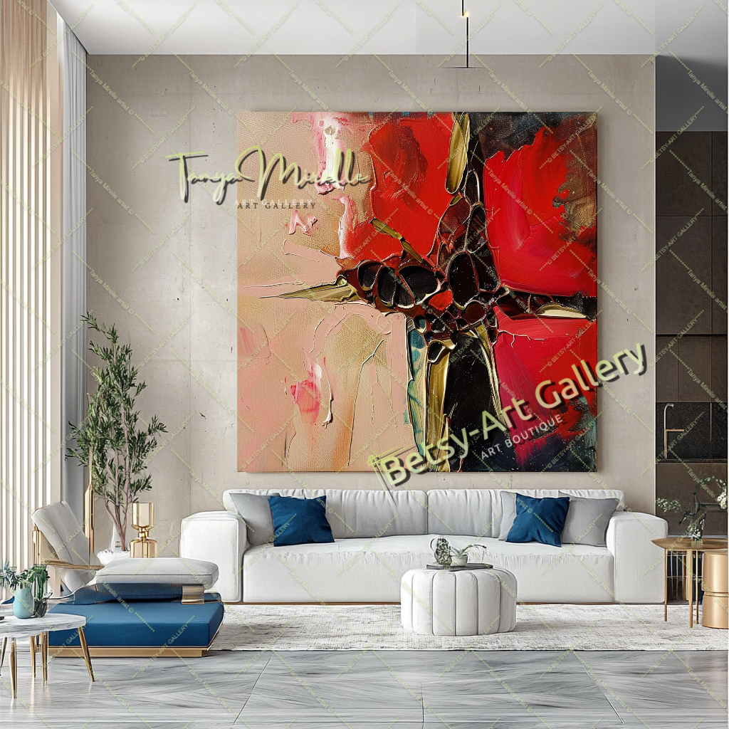 Bold Red Abstract Painting – Large Modern Wall Art #151 – Large – Oil on Canvas – {{ product.title }} canvas artwork by Tanya Mirelle – modern wall decor – original artwork for home, living room, office, or gallery – original artwork by BETSY-ART GALLERY