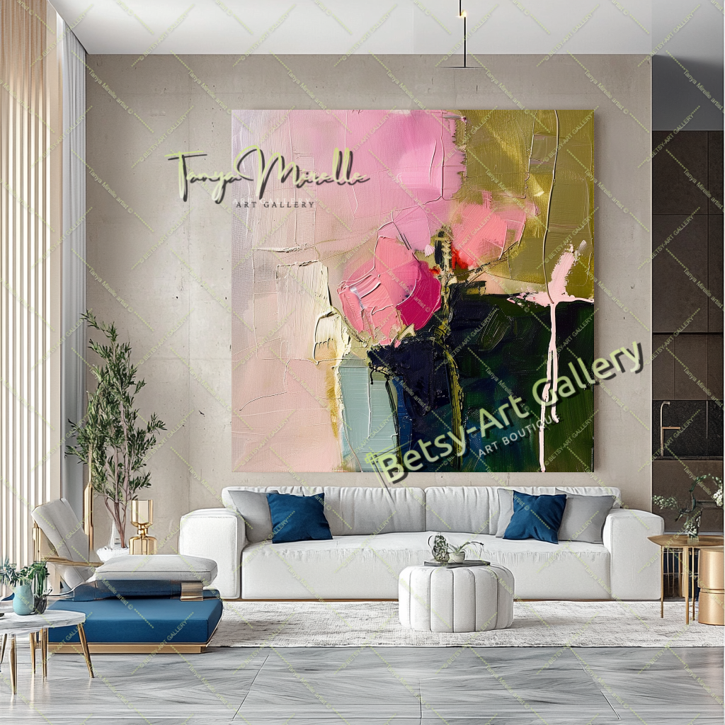 Pink Rosa Abstract Painting – Modern Floral Wall Art #152 – Large – Oil on Canvas – {{ product.title }} canvas artwork by Tanya Mirelle – modern wall decor – original artwork for home, living room, office, or gallery – original artwork by BETSY-ART GALLERY