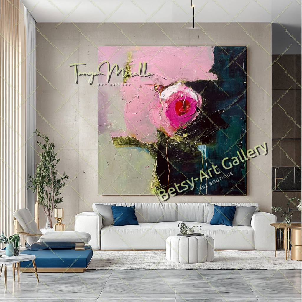 Pink Rosa Abstract Painting – Modern Floral Wall Art #153 – Large – Oil on Canvas – {{ product.title }} canvas artwork by Tanya Mirelle – modern wall decor – original artwork for home, living room, office, or gallery – original artwork by BETSY-ART GALLERY
