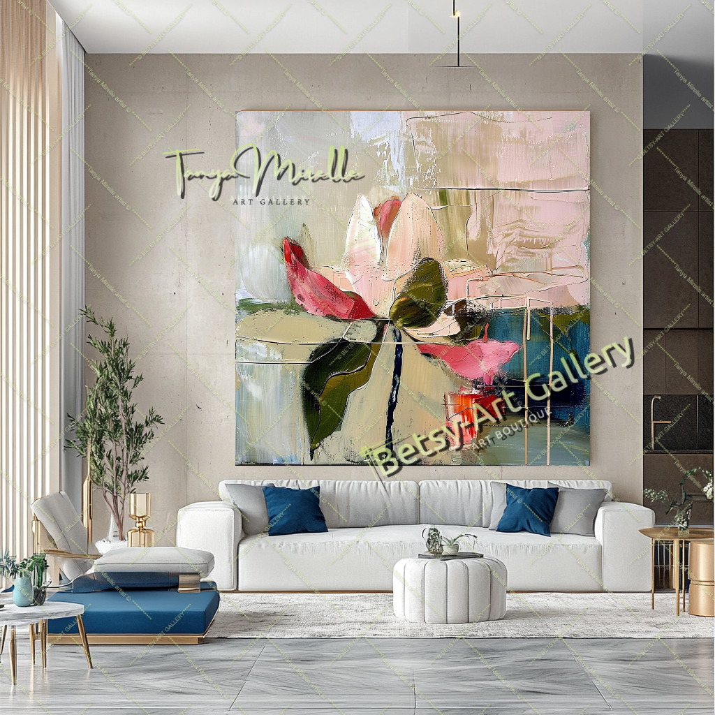 Lotus Abstract Painting – Modern Floral Wall Art #154 – Large – Oil on Canvas – {{ product.title }} canvas artwork by Tanya Mirelle – modern wall decor – original artwork for home, living room, office, or gallery – original artwork by BETSY-ART GALLERY