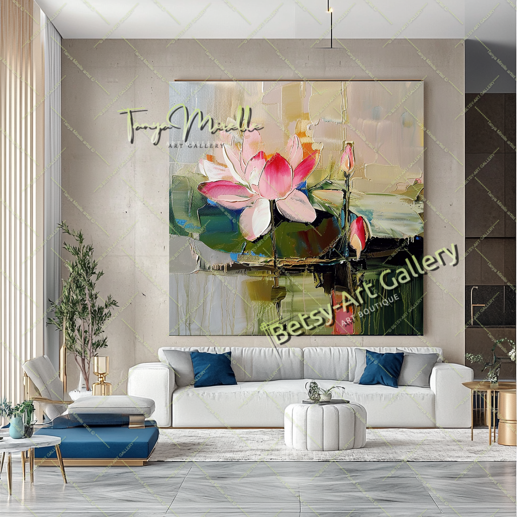 Lotus Abstract Painting – Modern Floral Wall Art #154 – Large – Oil on Canvas – {{ product.title }} canvas artwork by Tanya Mirelle – modern wall decor – original artwork for home, living room, office, or gallery – original artwork by BETSY-ART GALLERY