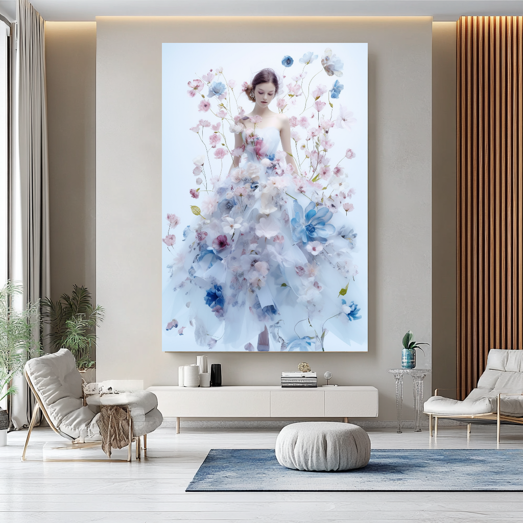 Floral Elegance in Bloom - Floral Woman Canvas Art - Romantic Print on Canvas - Luxury Canvas Wall Art – Large – Oil on Canvas – {{ product.title }} canvas artwork by Tanya Mirelle – modern wall decor – original artwork for home, living room, office, or gallery – original artwork by BETSY-ART GALLERY