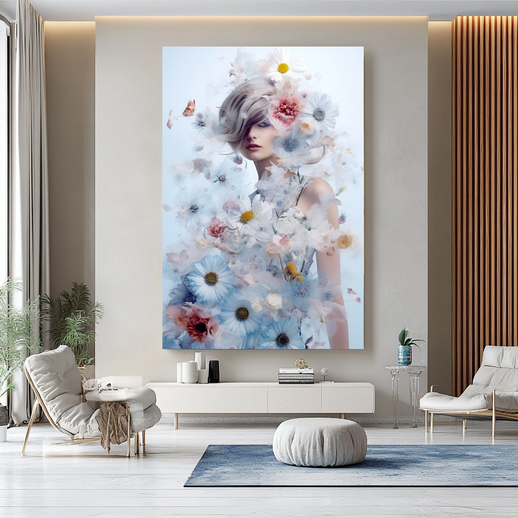 Modern Grace - Floral Woman Canvas Art - Romantic Print on Canvas - Elegant Home Decor – Large – Oil on Canvas – {{ product.title }} canvas artwork by Tanya Mirelle – modern wall decor – original artwork for home, living room, office, or gallery – original artwork by BETSY-ART GALLERY