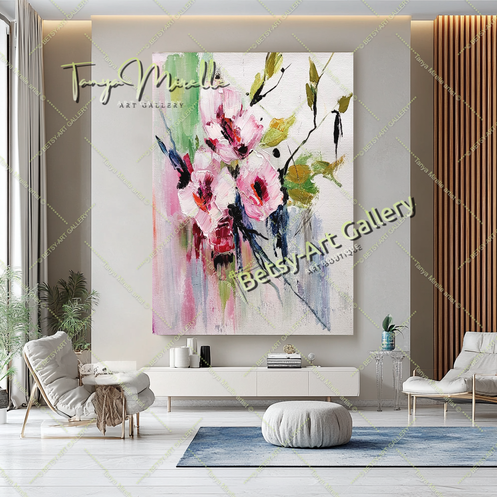 Floral Oil Painting on Canvas - Original Artwork for Modern Interiors – Large – Oil on Canvas – {{ product.title }} canvas artwork by Tanya Mirelle – modern wall decor – original artwork for home, living room, office, or gallery – original artwork by BETSY-ART GALLERY