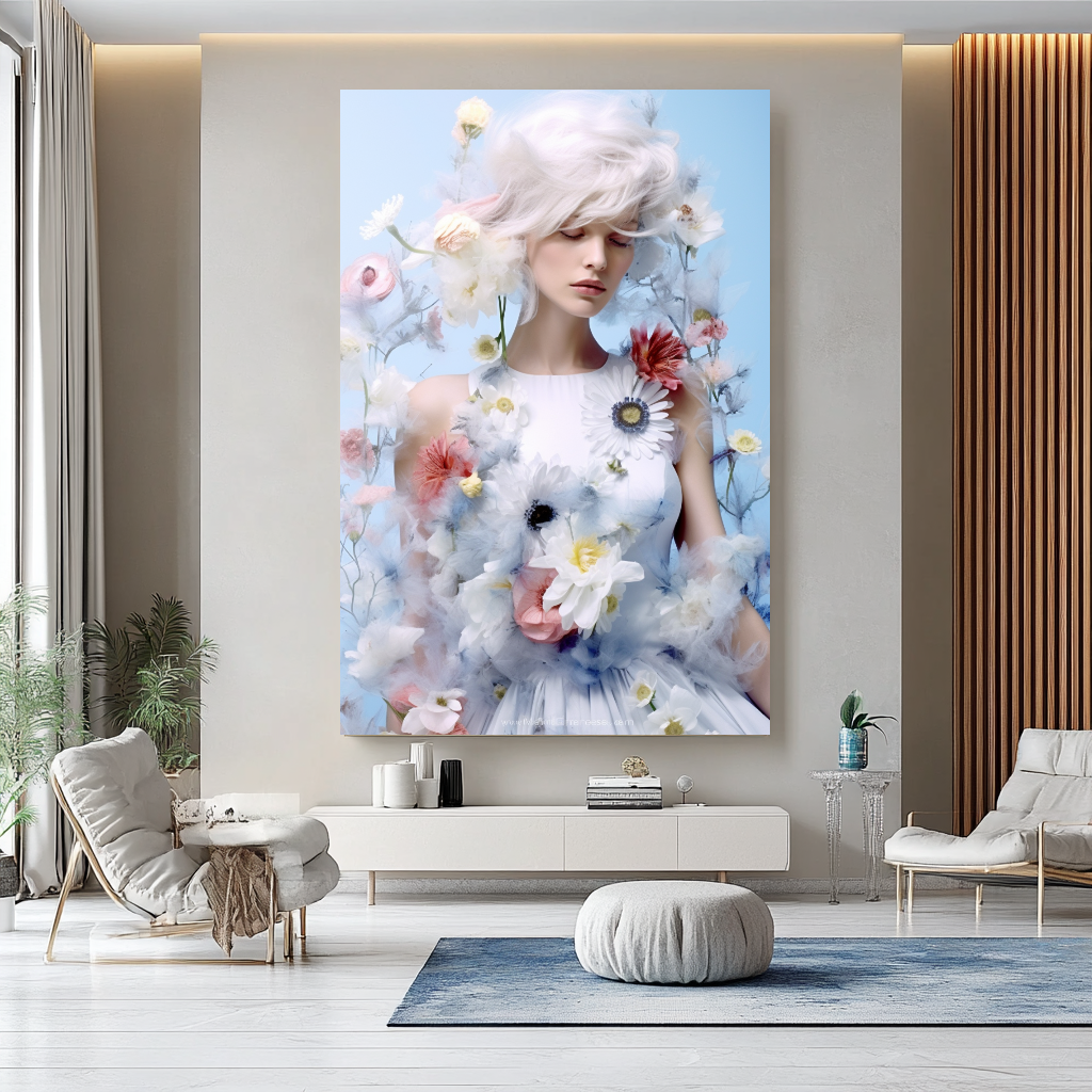 Modern Grace - Floral Woman Canvas Art - Romantic Print on Canvas - Elegant Home Decor – Large – Oil on Canvas – {{ product.title }} canvas artwork by Tanya Mirelle – modern wall decor – original artwork for home, living room, office, or gallery – original artwork by BETSY-ART GALLERY