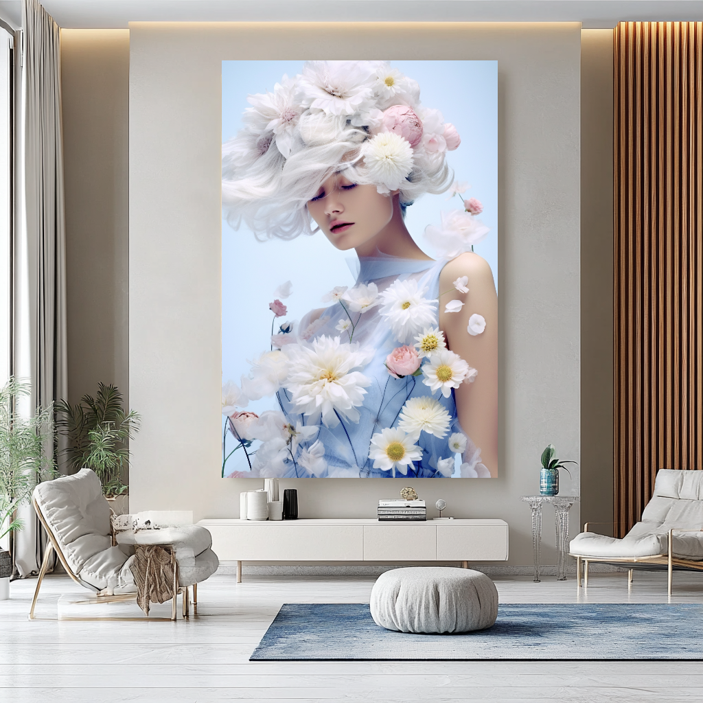 Blue Fashion Blooming Floral Woman Art - Romantic Print on Canvas - Elegant Home Decor – Large – Oil on Canvas – {{ product.title }} canvas artwork by Tanya Mirelle – modern wall decor – original artwork for home, living room, office, or gallery – original artwork by BETSY-ART GALLERY