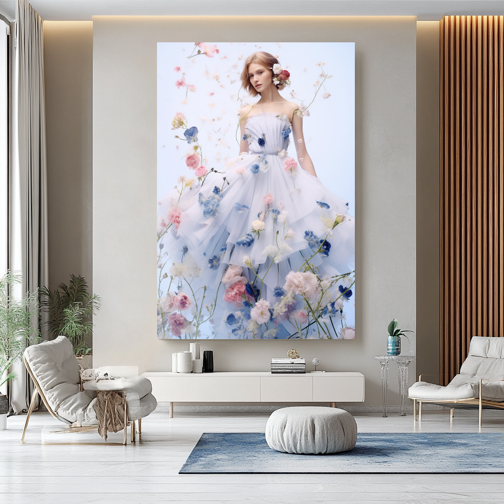 Floral Elegance in Bloom - Floral Woman Canvas Art - Romantic Print on Canvas - Luxury Canvas Wall Art – Large – Oil on Canvas – {{ product.title }} canvas artwork by Tanya Mirelle – modern wall decor – original artwork for home, living room, office, or gallery – original artwork by BETSY-ART GALLERY