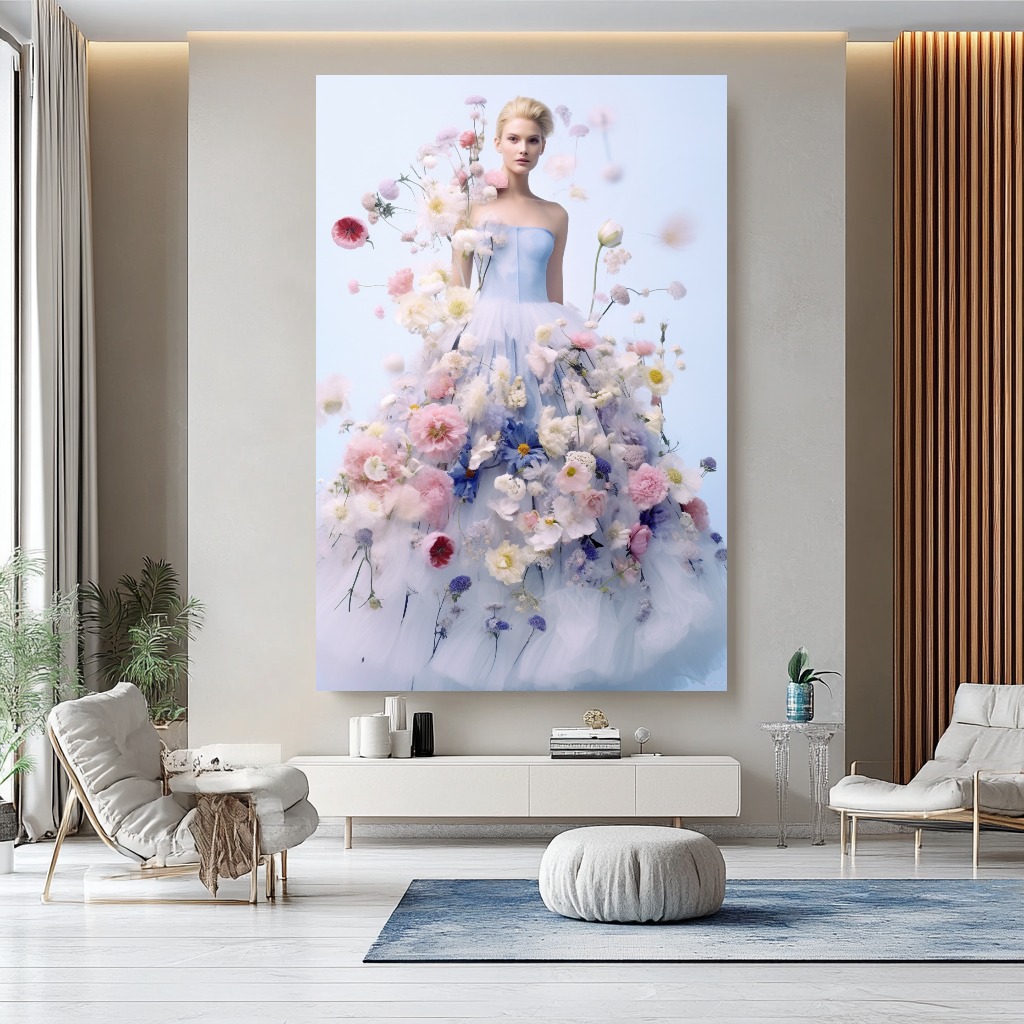 Floral Elegance in Bloom - Floral Woman Canvas Art - Romantic Print on Canvas - Luxury Canvas Wall Art – Large – Oil on Canvas – {{ product.title }} canvas artwork by Tanya Mirelle – modern wall decor – original artwork for home, living room, office, or gallery – original artwork by BETSY-ART GALLERY