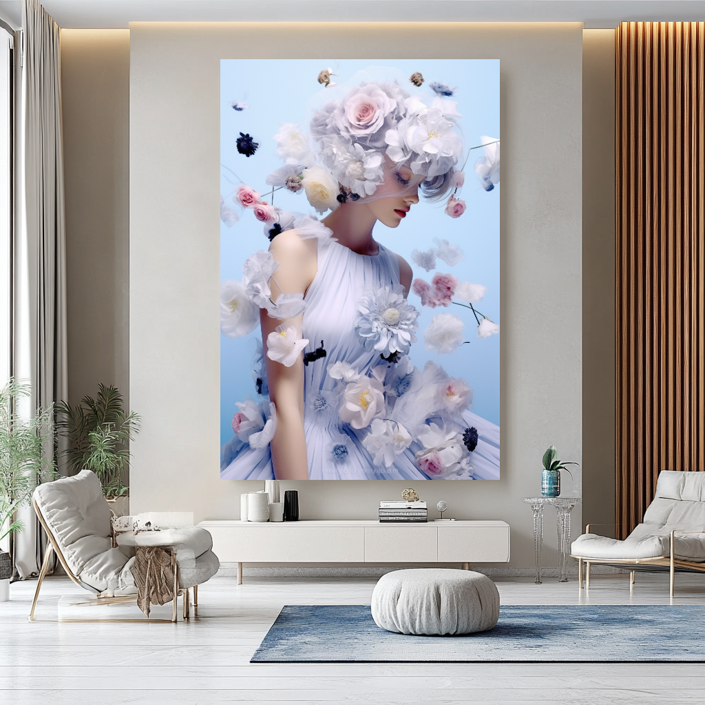Blue Fashion Blooming Floral Woman Art - Romantic Print on Canvas - Elegant Home Decor – Large – Oil on Canvas – {{ product.title }} canvas artwork by Tanya Mirelle – modern wall decor – original artwork for home, living room, office, or gallery – original artwork by BETSY-ART GALLERY