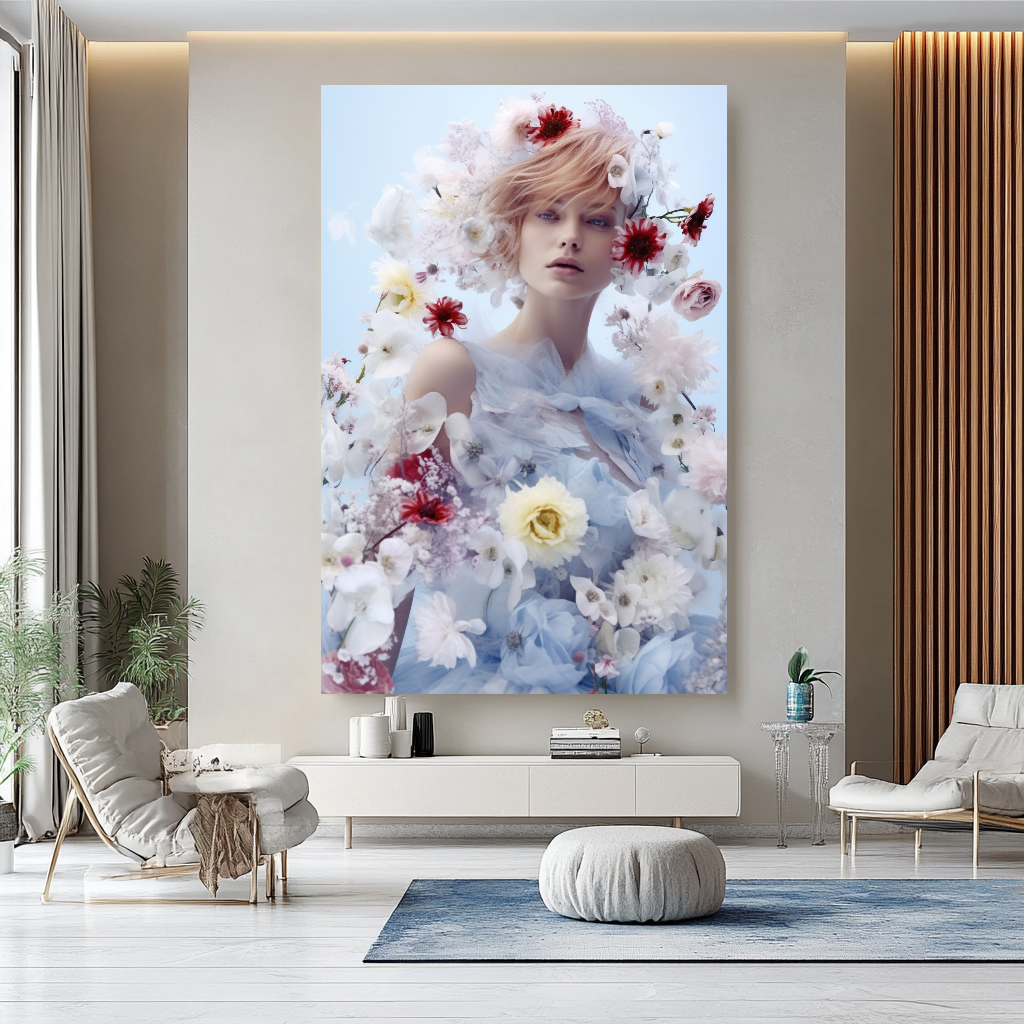 Modern Grace - Floral Woman Canvas Art - Romantic Print on Canvas - Elegant Home Decor – Large – Oil on Canvas – {{ product.title }} canvas artwork by Tanya Mirelle – modern wall decor – original artwork for home, living room, office, or gallery – original artwork by BETSY-ART GALLERY