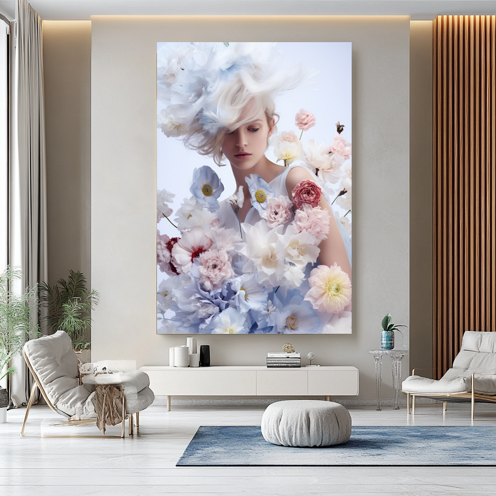 Modern Grace - Floral Woman Canvas Art - Romantic Print on Canvas - Elegant Home Decor – Large – Oil on Canvas – {{ product.title }} canvas artwork by Tanya Mirelle – modern wall decor – original artwork for home, living room, office, or gallery – original artwork by BETSY-ART GALLERY