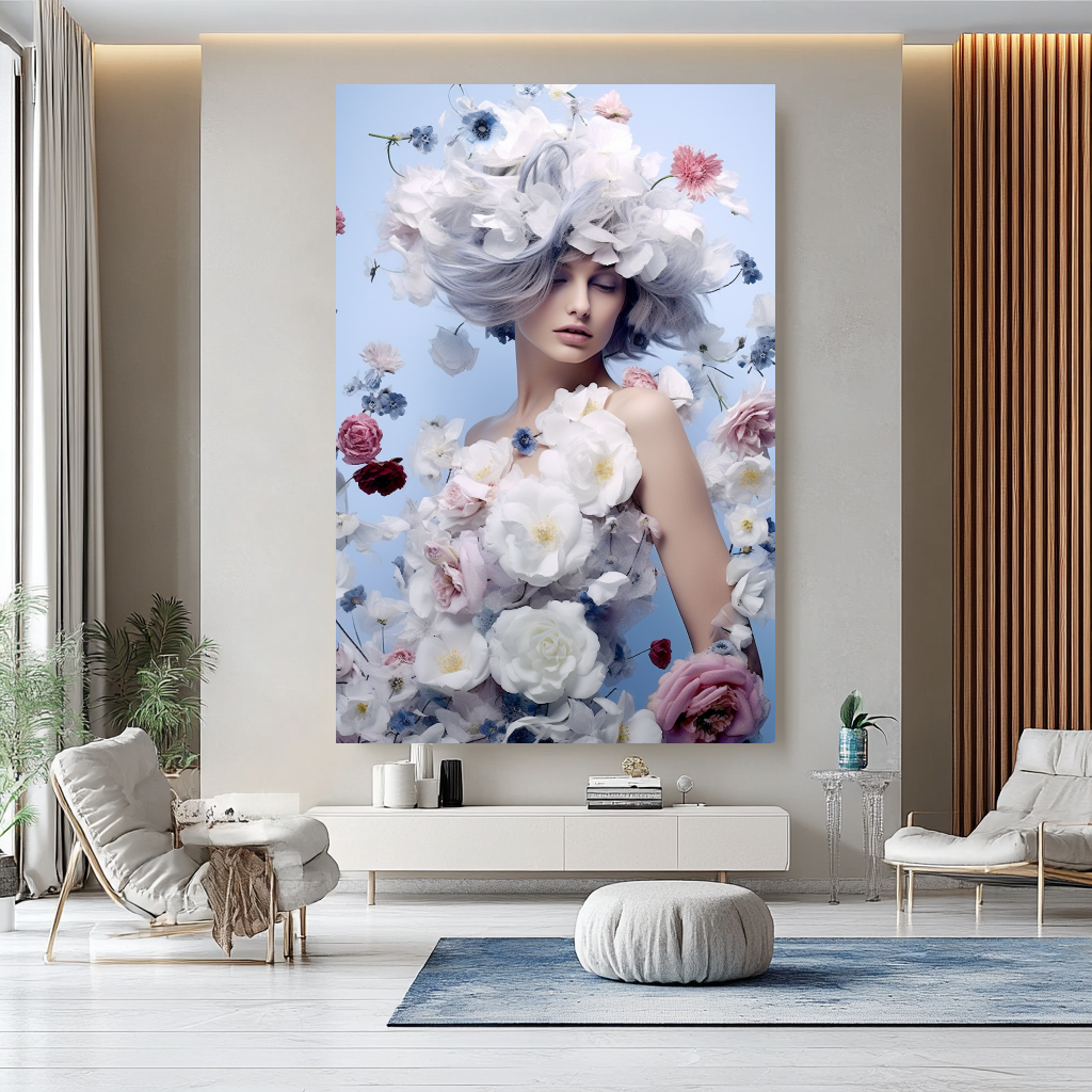 Blue Modern Grace - Floral Woman Canvas Art - Romantic Print on Canvas - Elegant Home Decor – Large – Oil on Canvas – {{ product.title }} canvas artwork by Tanya Mirelle – modern wall decor – original artwork for home, living room, office, or gallery – original artwork by BETSY-ART GALLERY