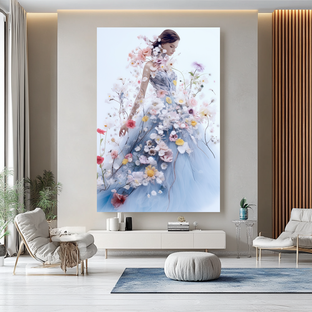 Floral Elegance in Bloom - Floral Woman Canvas Art - Romantic Print on Canvas - Luxury Canvas Wall Art – Large – Oil on Canvas – {{ product.title }} canvas artwork by Tanya Mirelle – modern wall decor – original artwork for home, living room, office, or gallery – original artwork by BETSY-ART GALLERY