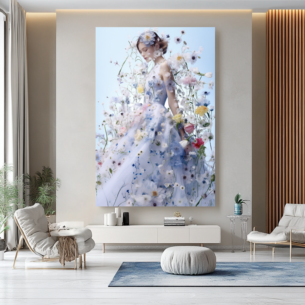 Floral Elegance in Bloom - Floral Woman Canvas Art - Romantic Print on Canvas - Luxury Canvas Wall Art – Large – Oil on Canvas – {{ product.title }} canvas artwork by Tanya Mirelle – modern wall decor – original artwork for home, living room, office, or gallery – original artwork by BETSY-ART GALLERY