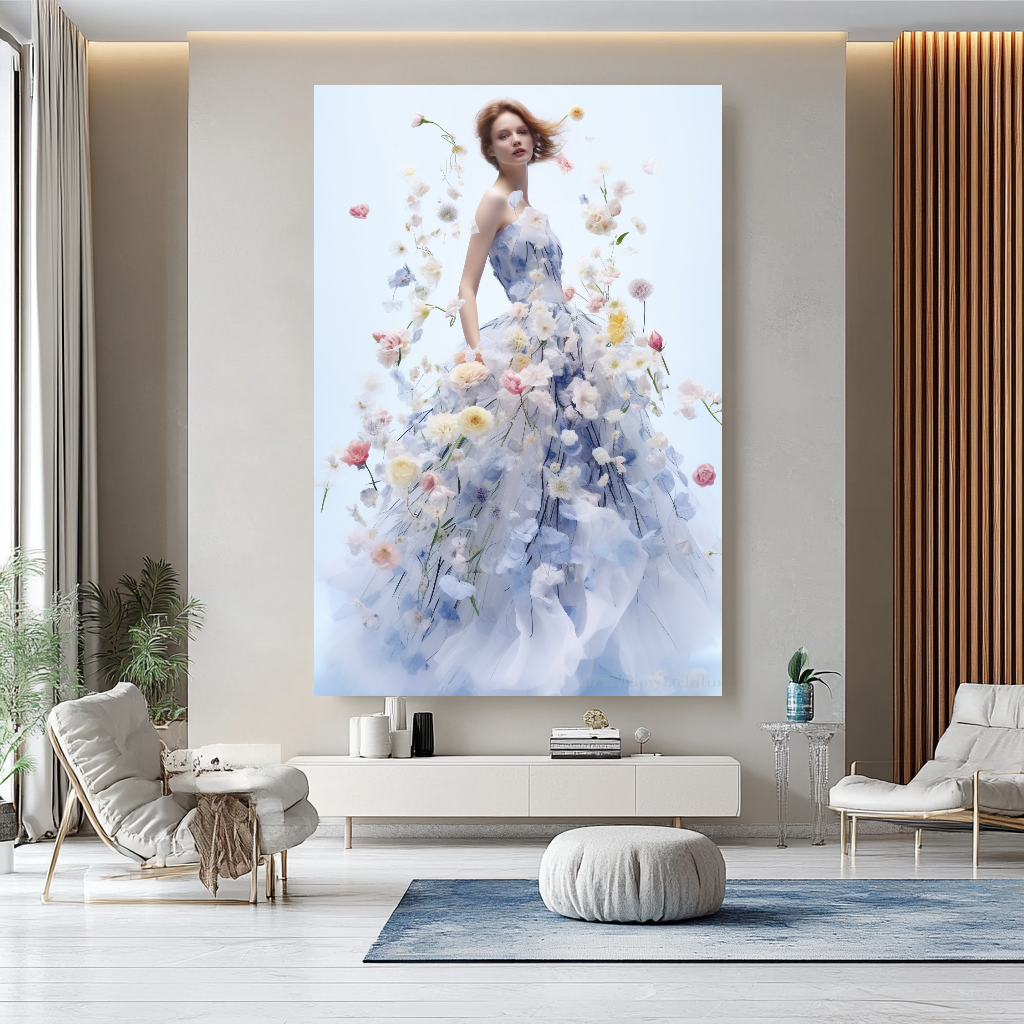Floral Elegance in Bloom - Floral Woman Canvas Art - Romantic Print on Canvas - Luxury Canvas Wall Art – Large – Oil on Canvas – {{ product.title }} canvas artwork by Tanya Mirelle – modern wall decor – original artwork for home, living room, office, or gallery – original artwork by BETSY-ART GALLERY
