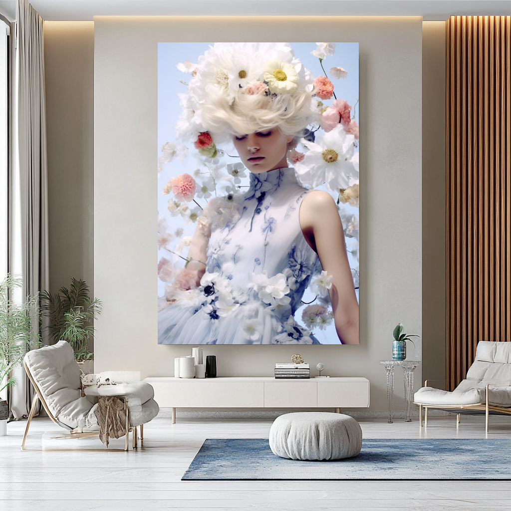 Blue Fashion Blooming Floral Woman Art - Romantic Print on Canvas - Elegant Home Decor – Large – Oil on Canvas – {{ product.title }} canvas artwork by Tanya Mirelle – modern wall decor – original artwork for home, living room, office, or gallery – original artwork by BETSY-ART GALLERY