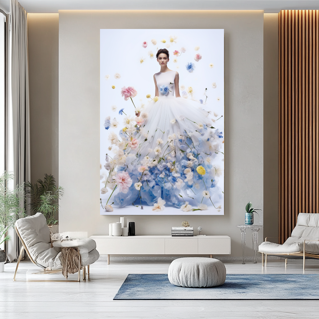 Floral Elegance in Bloom - Floral Woman Canvas Art - Romantic Print on Canvas - Luxury Canvas Wall Art – Large – Oil on Canvas – {{ product.title }} canvas artwork by Tanya Mirelle – modern wall decor – original artwork for home, living room, office, or gallery – original artwork by BETSY-ART GALLERY