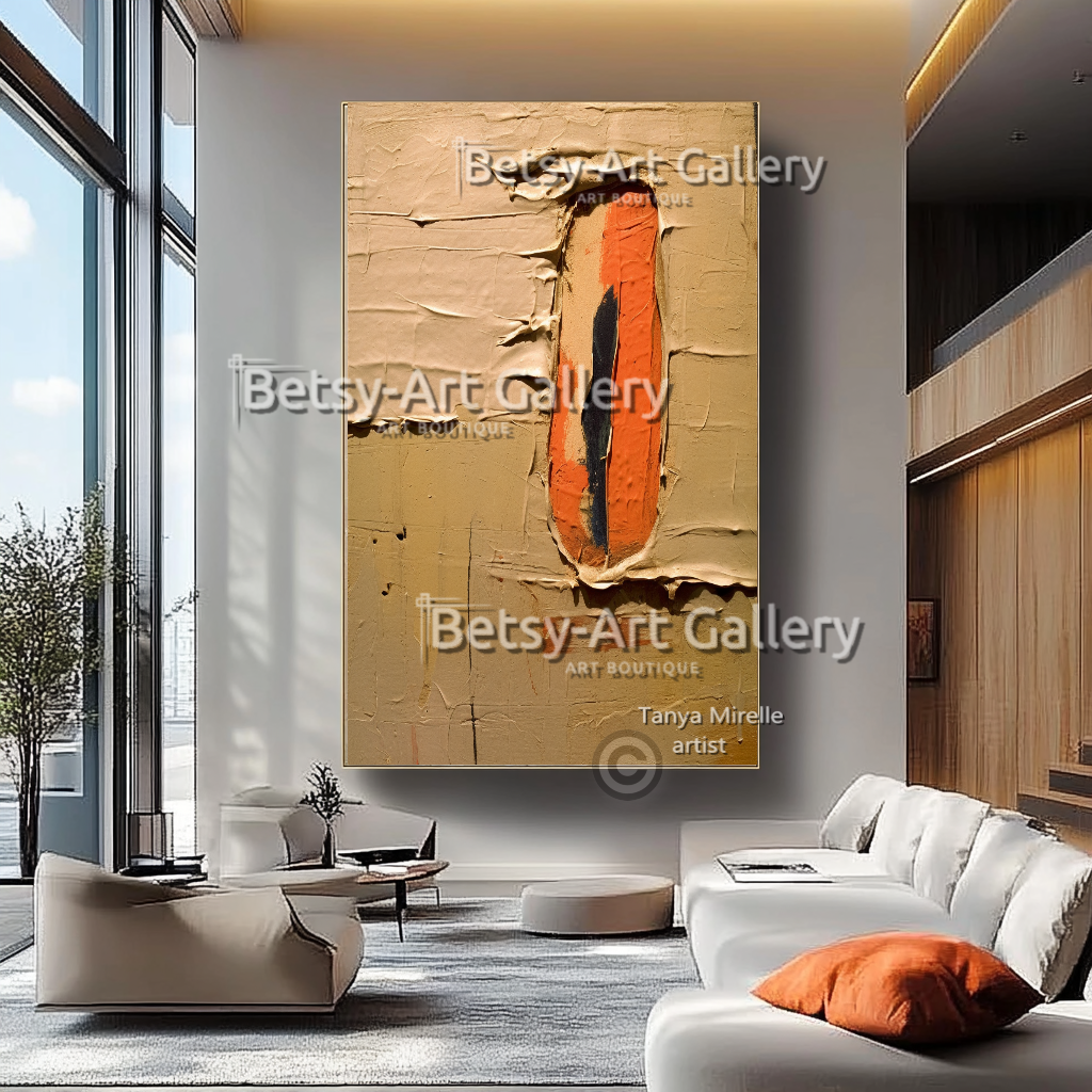 Terracotta Minimalist Oil Painting - Large Textured Abstract Wall Art #49