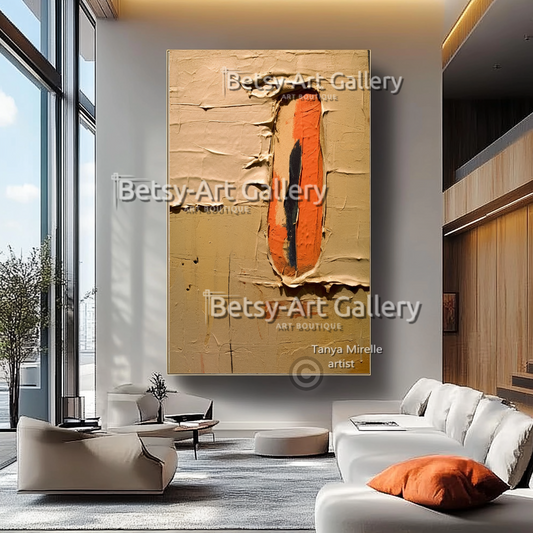 Terracotta Minimalist Oil Painting - Large Textured Abstract Wall Art #49