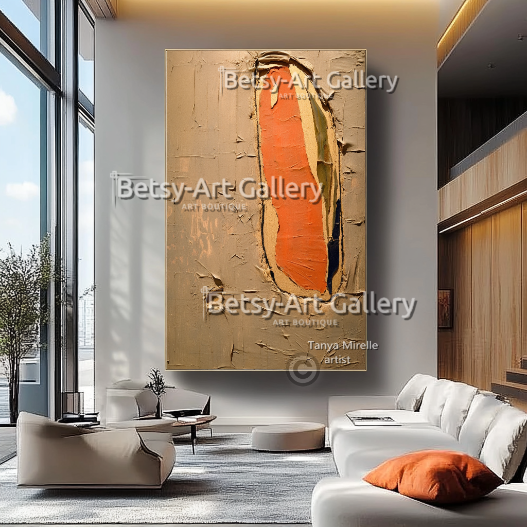 Terracotta Minimalist Oil Painting - Large Textured Abstract Wall Art #49