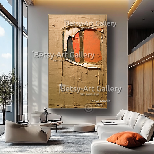 Terracotta Minimalist Oil Painting - Large Textured Abstract Wall Art #50