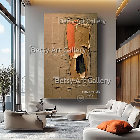 Terracotta Minimalist Oil Painting - Large Textured Abstract Wall Art #51