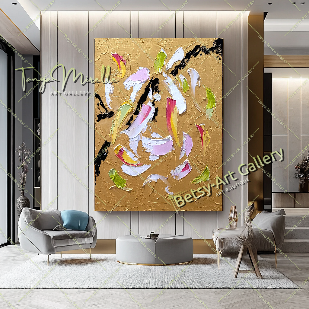 Art abstrait moderne en or, peinture à l'huile impasto sur toile, art mural texturé pour le salon
