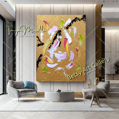 Art abstrait moderne en or, peinture à l'huile impasto sur toile, art mural texturé pour le salon
