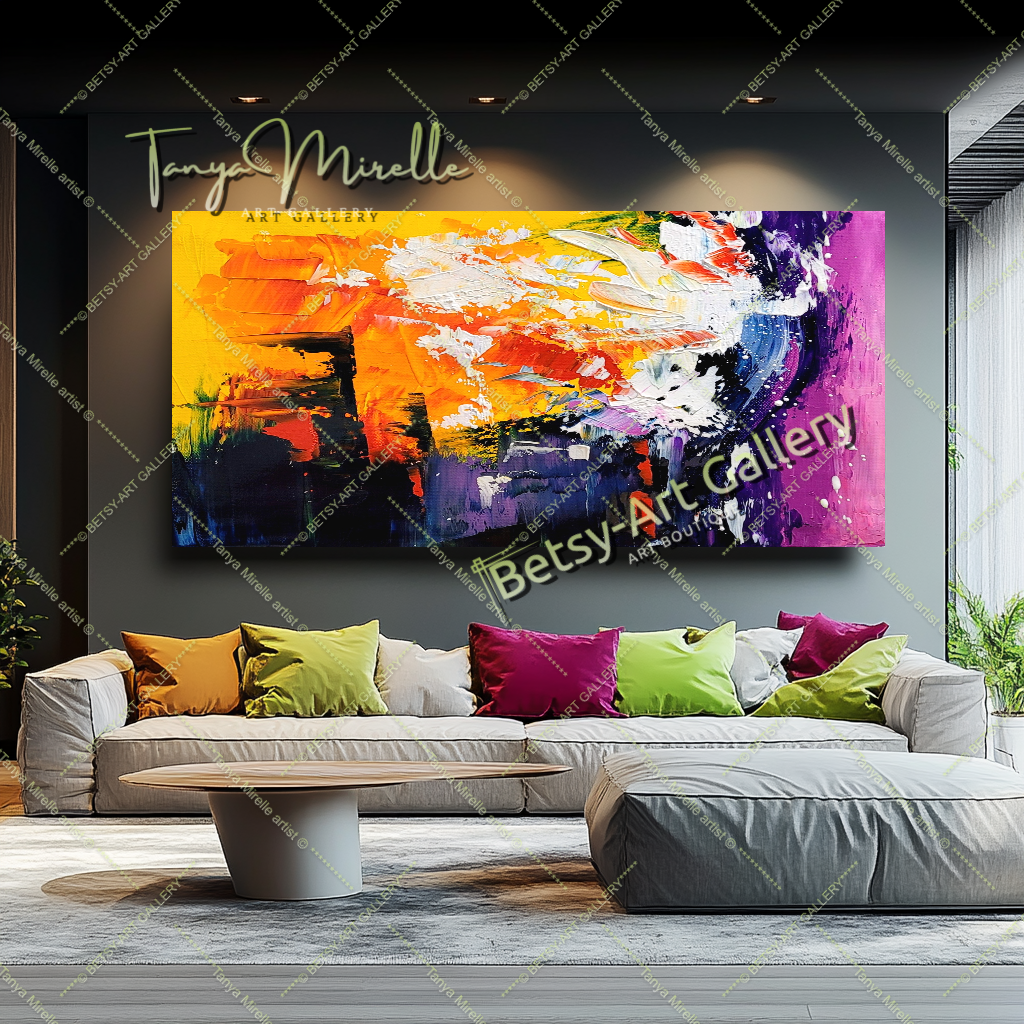 Explosion radieuse - Grande peinture acrylique abstraite moderne sur toile, art mural texturé coloré