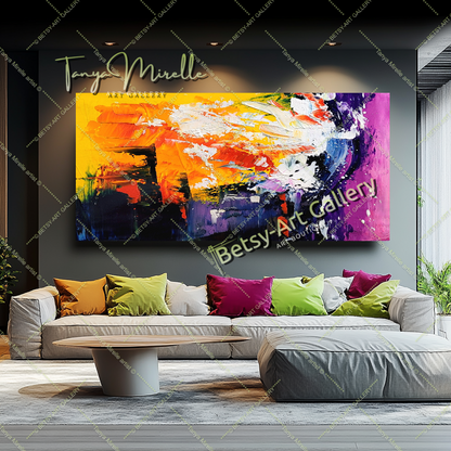 Explosion radieuse - Grande peinture acrylique abstraite moderne sur toile, art mural texturé coloré