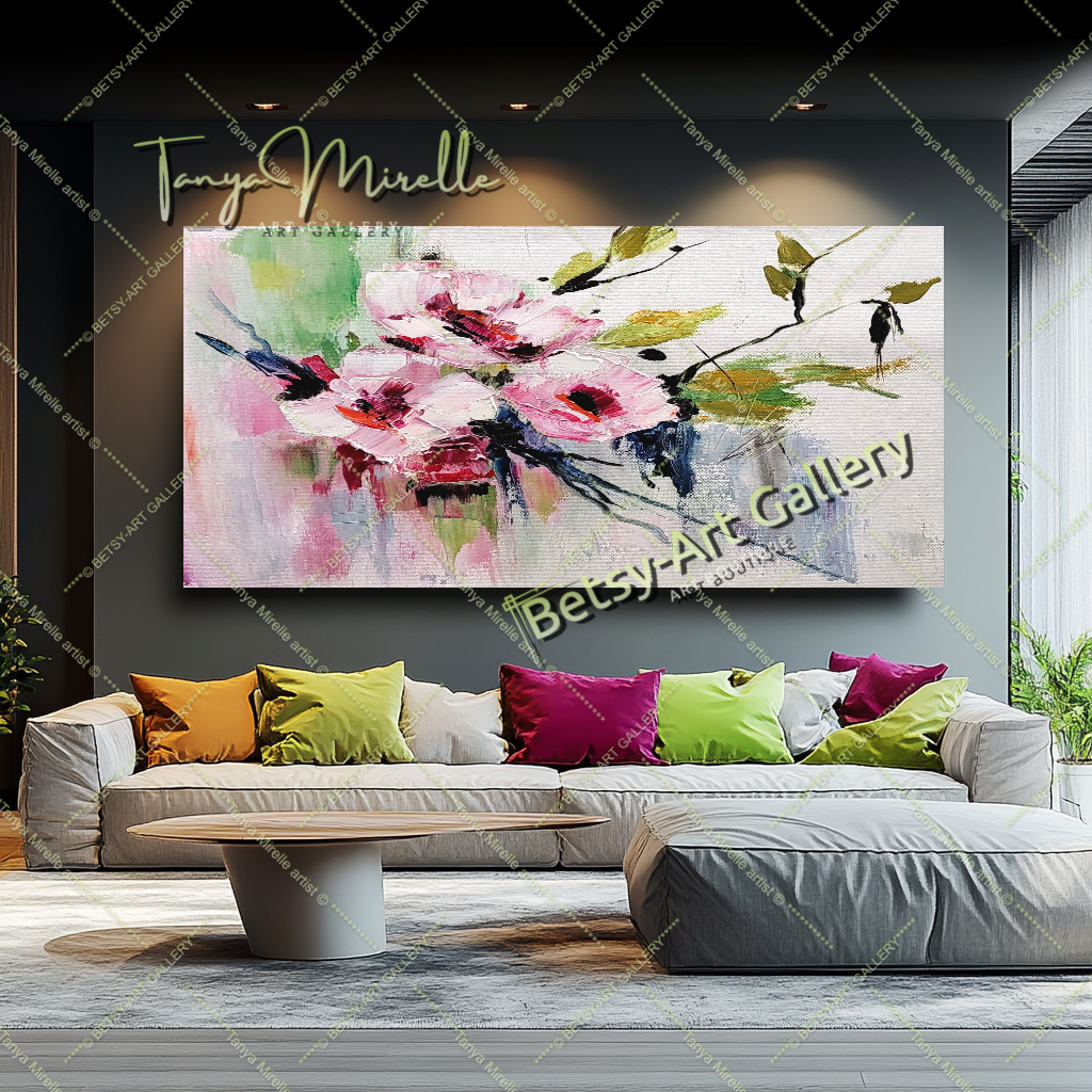 Floral Oil Painting on Canvas - Original Artwork for Modern Interiors – Large – Oil on Canvas – {{ product.title }} canvas artwork by Tanya Mirelle – modern wall decor – original artwork for home, living room, office, or gallery – original artwork by BETSY-ART GALLERY