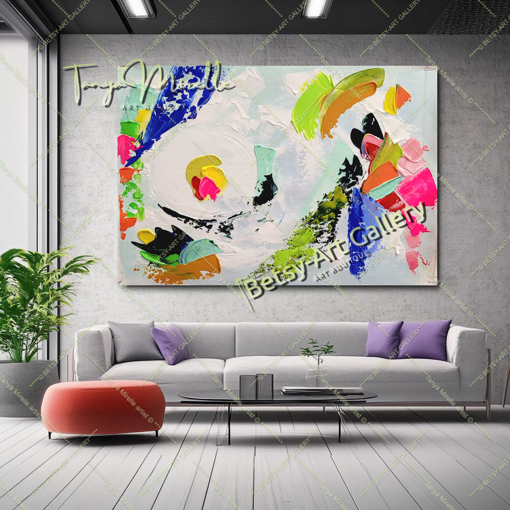 Grandes peintures abstraites pour le salon, peinture à l'huile impasto sur toile, art mural moderne coloré, peinture unique