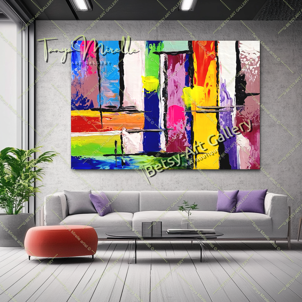 GRANDE peinture abstraite colorée en impasto, art sur toile, peinture murale moderne géométrique pour salon