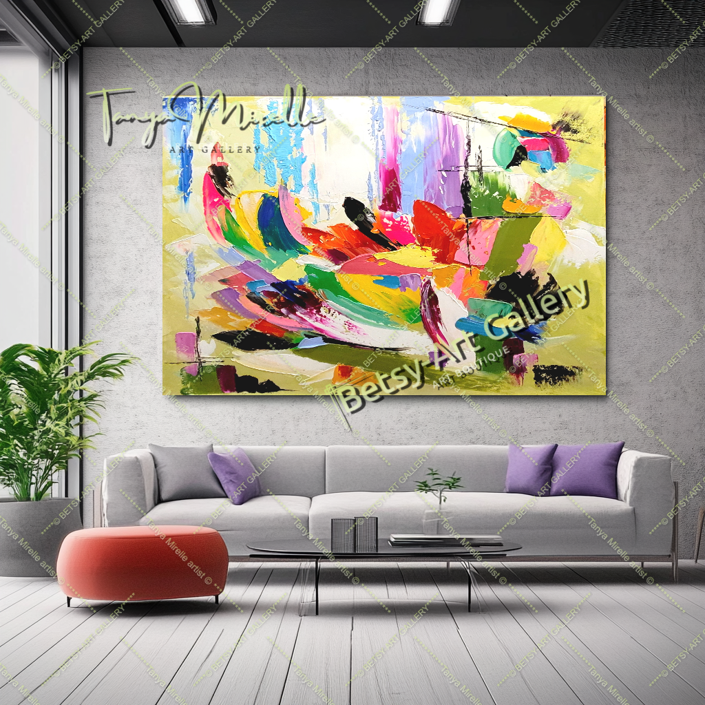 Vibrant Abstract Flower Impasto Oil Painting on Canvas – Large – Oil on Canvas – {{ product.title }} canvas artwork by Tanya Mirelle – modern wall decor – original artwork for home, living room, office, or gallery – original artwork by BETSY-ART GALLERY