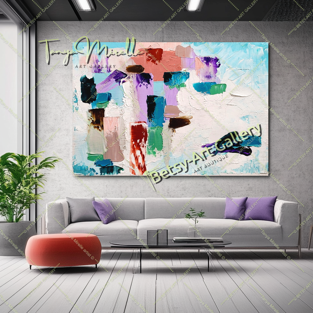 EXTRA LARGE Peinture à l’huile d’empâtement abstraite bleu clair sur toile / Pas de cadre