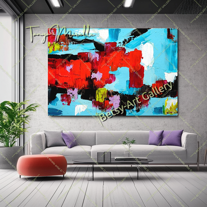 Red Blue Abstract Impasto Oil Painting on Canvas