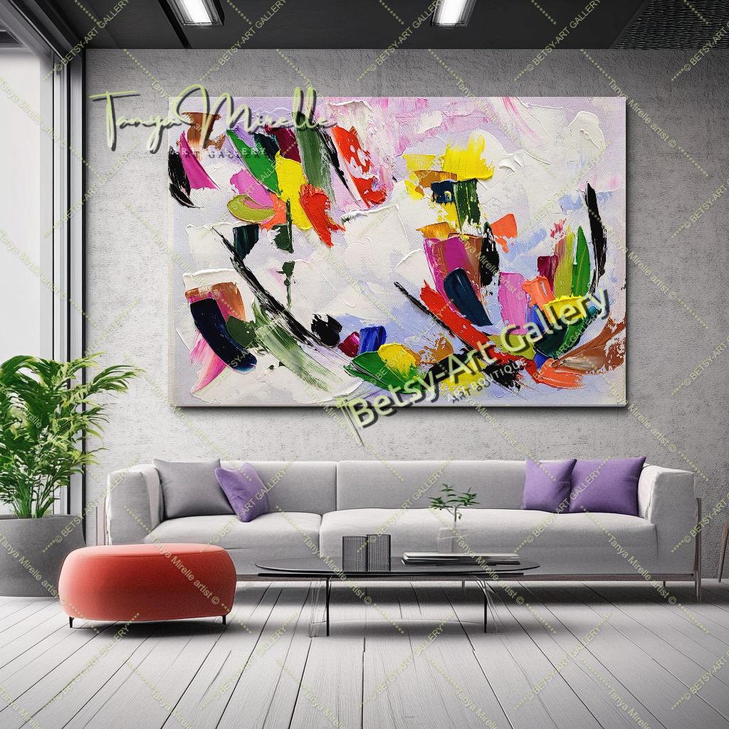 Peinture à l'huile abstraite moderne sur toile, art mural texturé coloré pour le salon