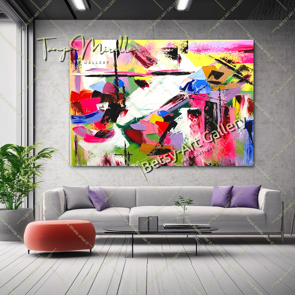 GRANDE peinture à l'huile abstraite moderne, rose vif et rouge, sur toile, pour salon