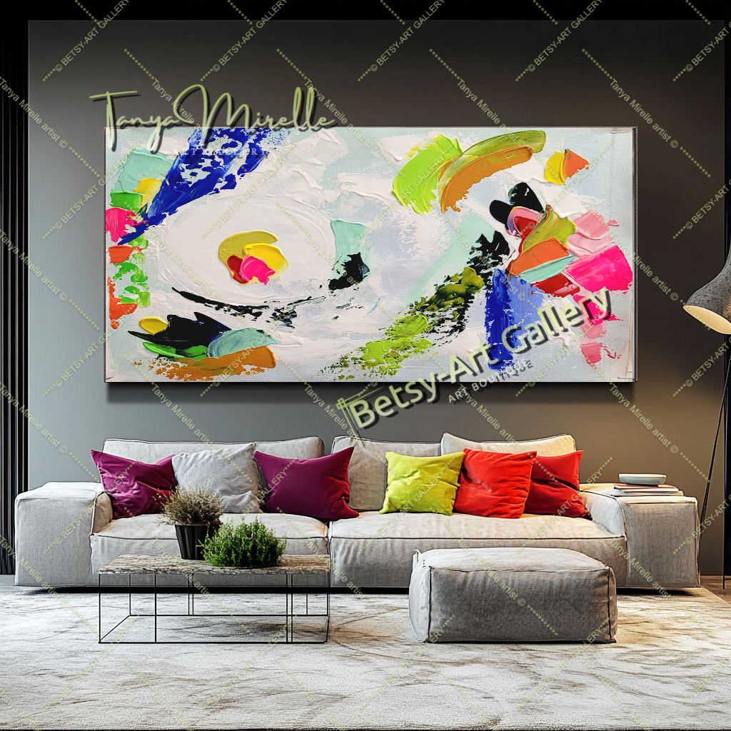 Grandes peintures abstraites pour le salon, peinture à l'huile impasto sur toile, art mural moderne coloré, peinture unique