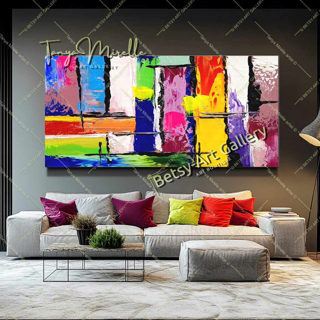 GRANDE peinture abstraite colorée en impasto, art sur toile, peinture murale moderne géométrique pour salon