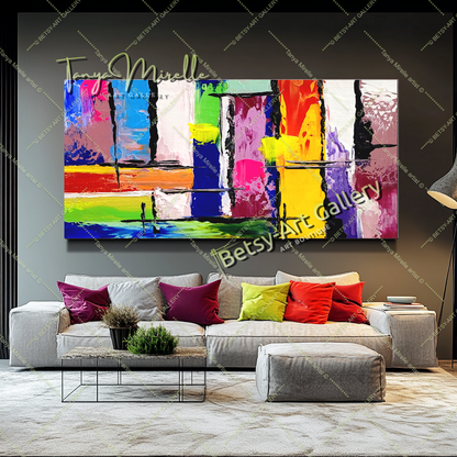 GRANDE peinture abstraite colorée en impasto, art sur toile, peinture murale moderne géométrique pour salon