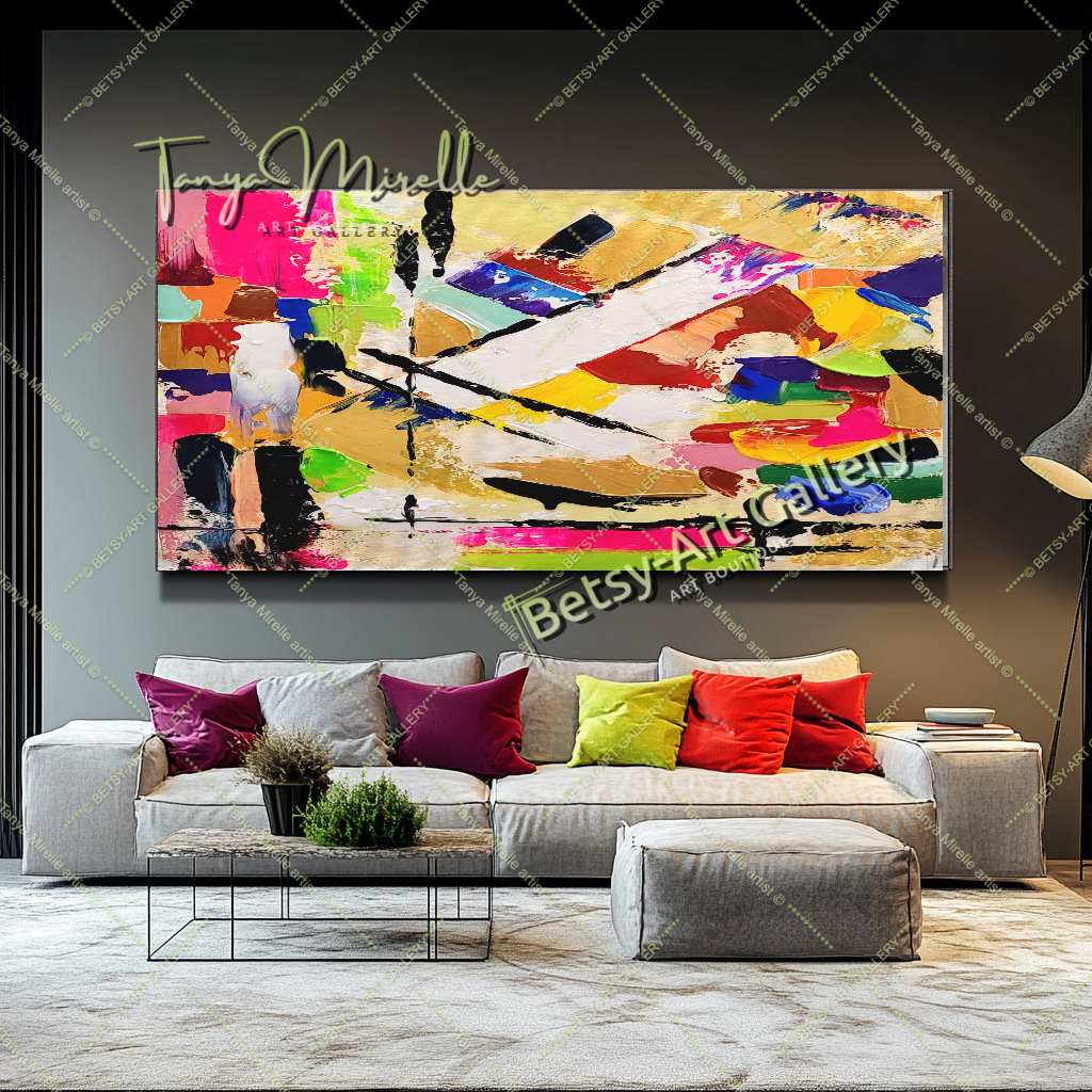 Grandes peintures abstraites pour le salon, peinture à l'huile impasto sur toile, art mural moderne coloré, peinture unique