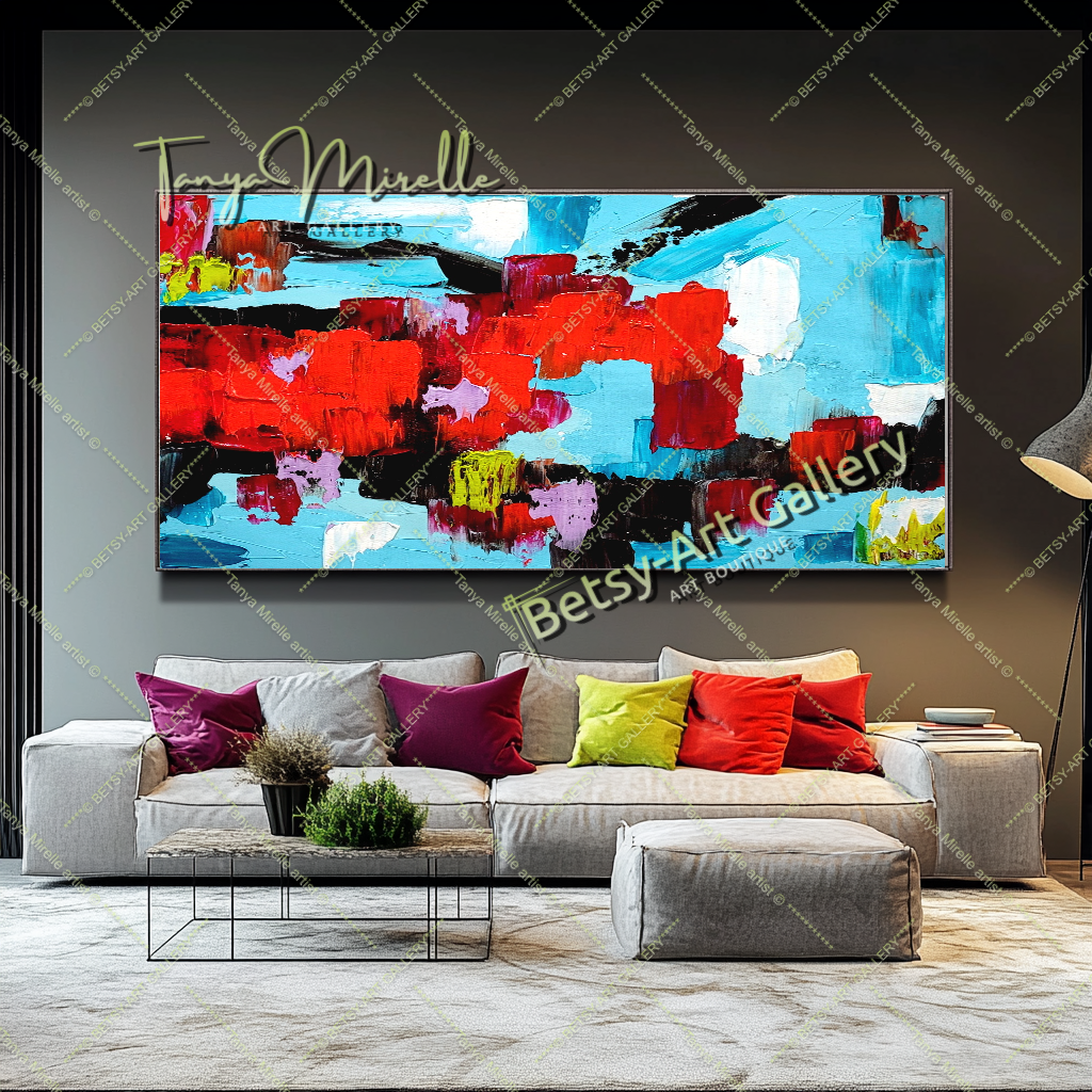 Red Blue Abstract Impasto Oil Painting on Canvas