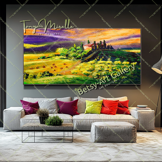 Large Abstract Oil Painting - Toscana Italien Landscape for Living Room