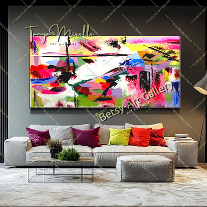 GRANDE peinture à l'huile abstraite moderne, rose vif et rouge, sur toile, pour salon