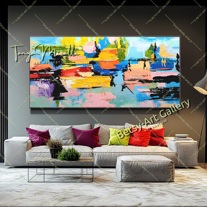 Grandes peintures abstraites pour le salon, peinture à l'huile impasto sur toile, art mural moderne coloré, peinture unique