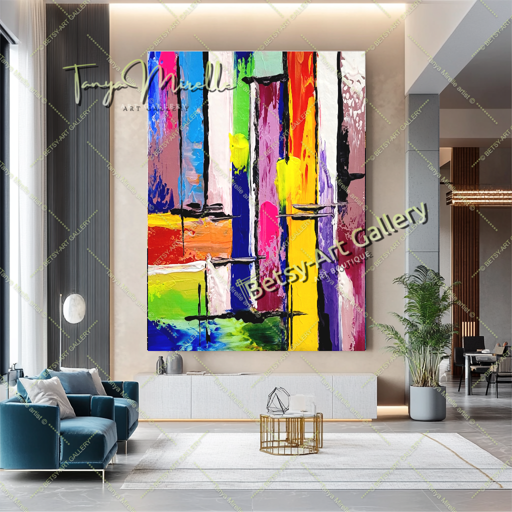 GRANDE peinture abstraite colorée en impasto, art sur toile, peinture murale moderne géométrique pour salon