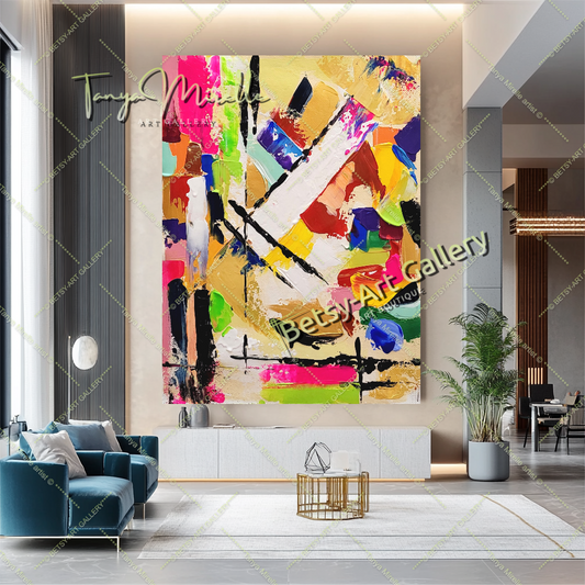 Grandes peintures abstraites pour le salon, peinture à l'huile impasto sur toile, art mural moderne coloré, peinture unique