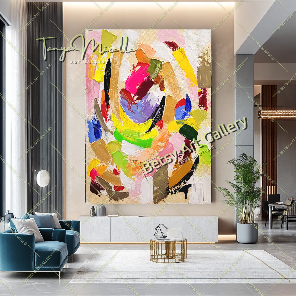 GRANDE œuvre d'art abstraite moderne et colorée, peinture à l'huile impasto sur toile, art fait à la main, œuvre d'art originale